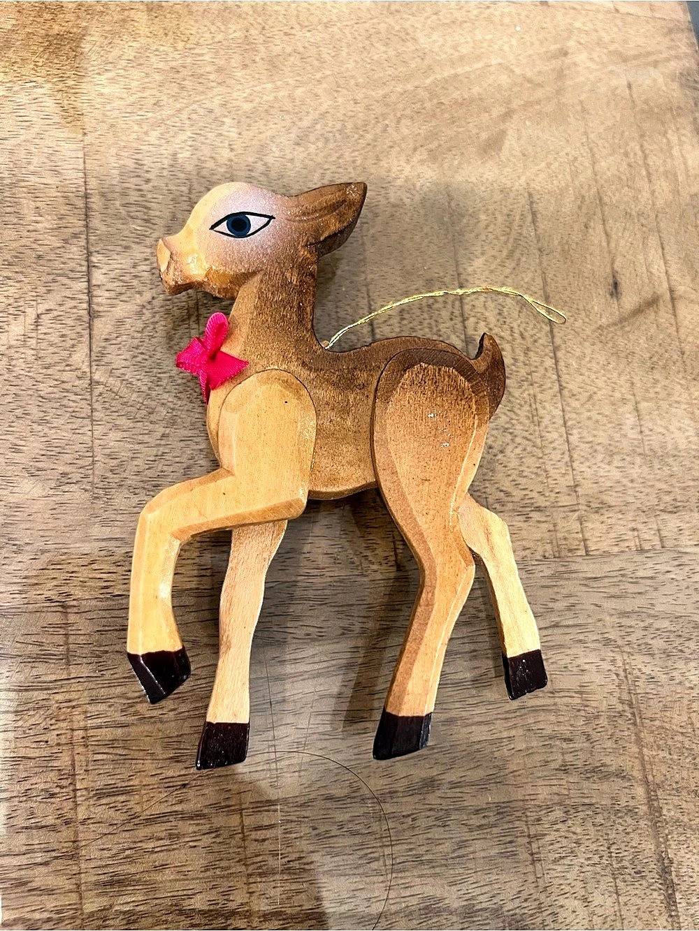 vintage hand-crafted wooden deer or fawn Christmas ornament